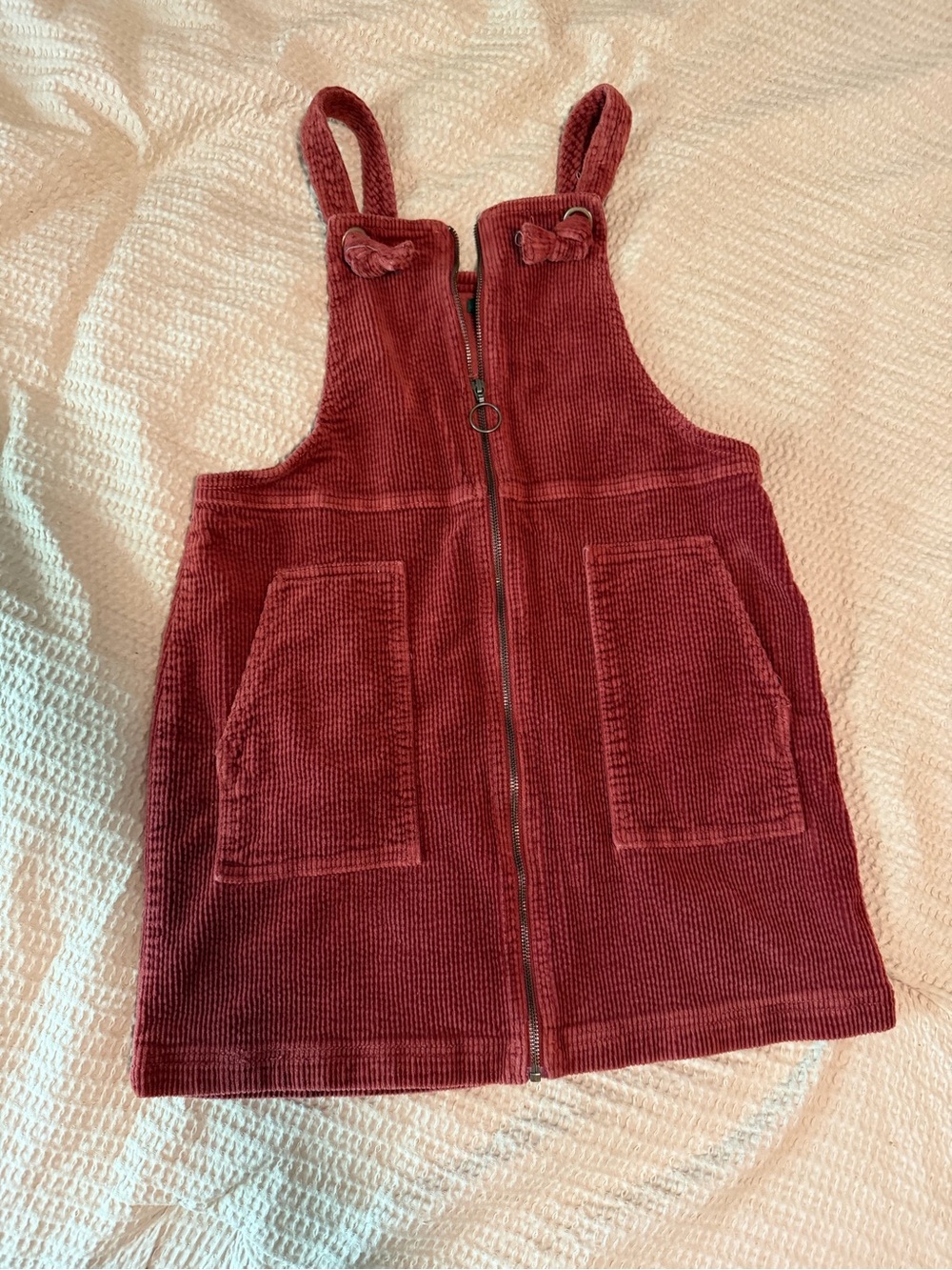 Corduroy Zip-Front Pinafore Dress in burgundy
